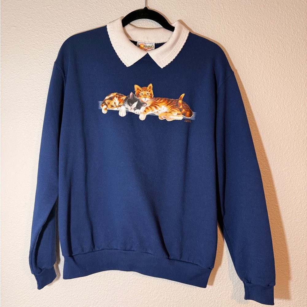 Vintage Morning Sun Large Cozy Blue Sweater Peter Pan Collar with Cat Design